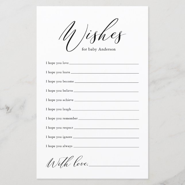 Minimalist Black Calligraphy Wishes for Baby Card (Front)