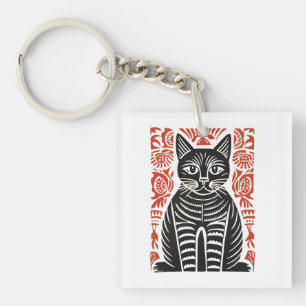 Minimalist Black Cat Folk Art Design Key Ring