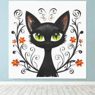 Minimalist Black Cat Green Eyes Filigree Design Canvas Print