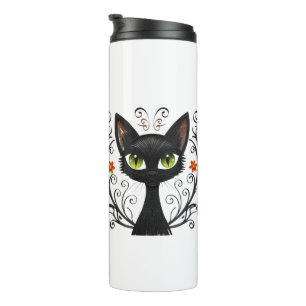 Minimalist Black Cat Green Eyes Filigree Design Thermal Tumbler