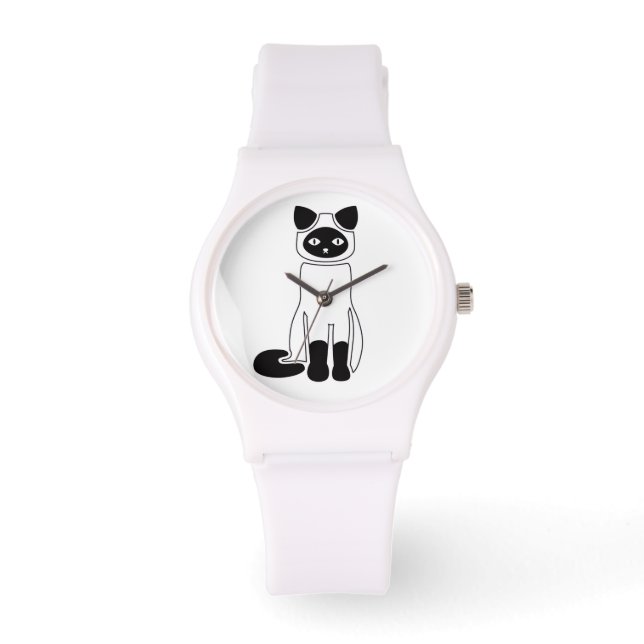 Minimalist Black Cat Illustration White Watch (Front)