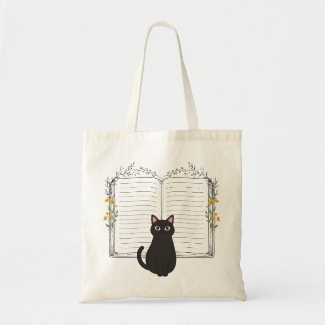 Minimalist Black Cat Lined Journal Book Art Tote Bag (Front)