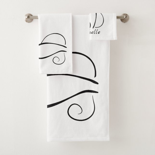 Minimalist black cat on white add name bath towel set (Insitu)
