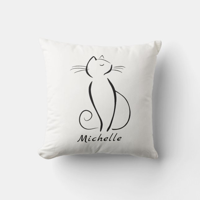 Minimalist black cat on white add name cushion (Front)