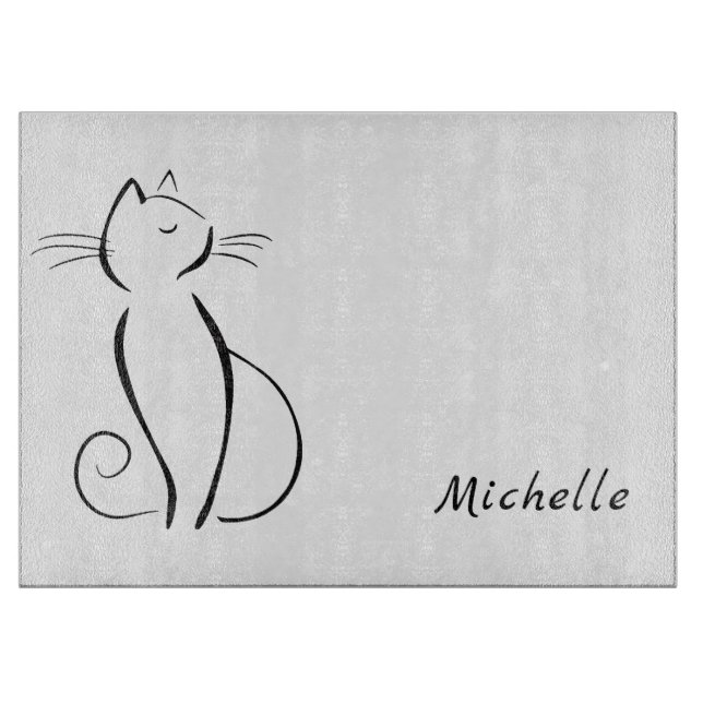 Minimalist black cat on white add name cutting board (Front)
