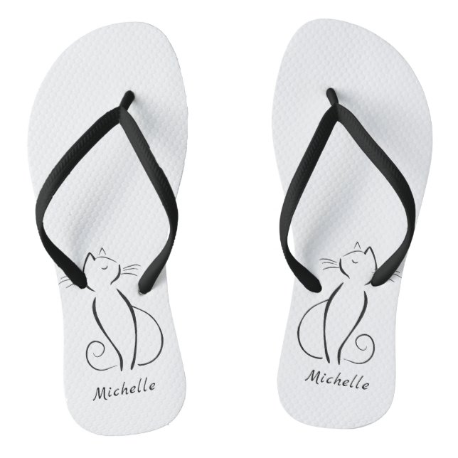 Minimalist black cat on white add name flip flops (Footbed)