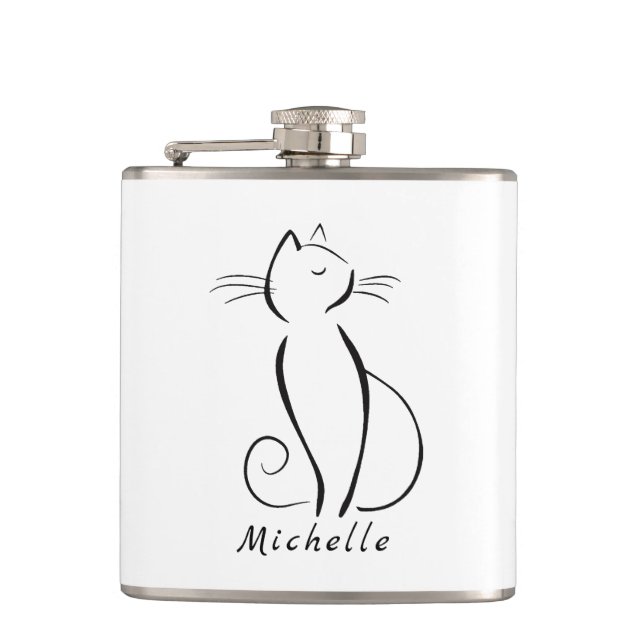 Minimalist Black Cat On White Add Name Hip Flask (Front)