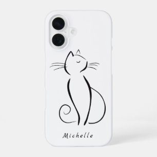 Minimalist Black Cat On White Add Name iPhone 16 Case