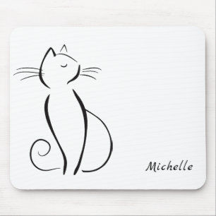 Minimalist black cat on white add name mouse mat