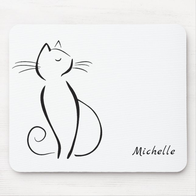 Minimalist black cat on white add name mouse mat (Front)
