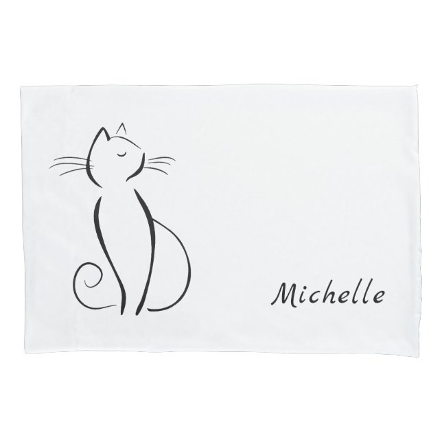 Minimalist black cat on white add name pillowcase (Front)