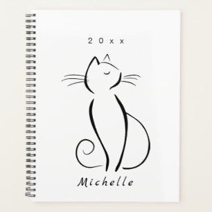 Minimalist black cat on white add name planner