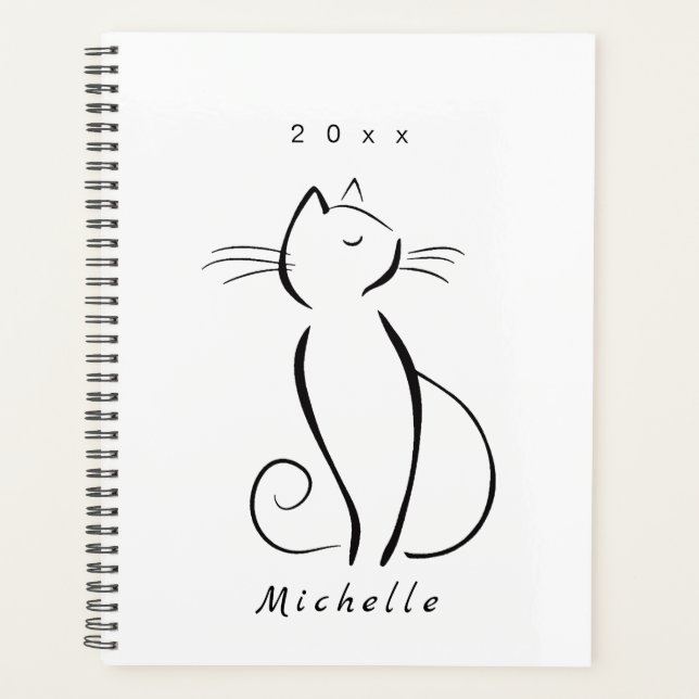 Minimalist black cat on white add name planner (Front)
