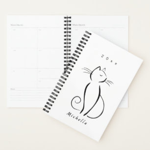 Minimalist black cat on white add name planner
