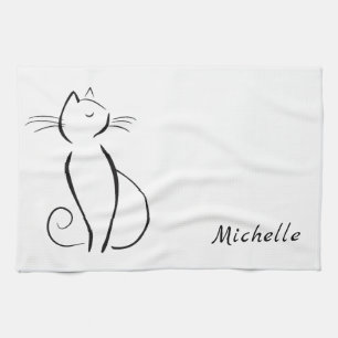 Minimalist black cat on white add name tea towel