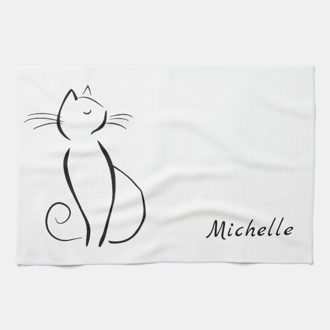 Minimalist black cat on white add name tea towel (Horizontal)