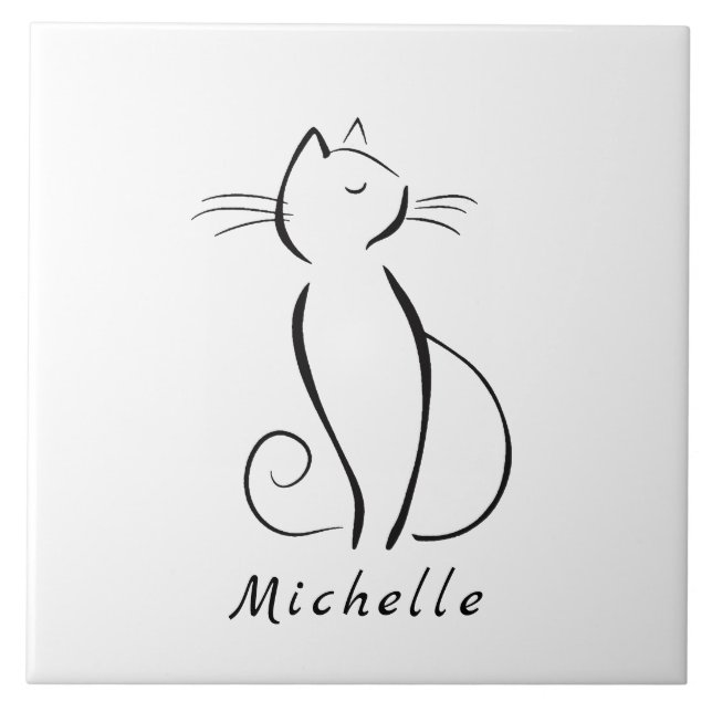 Minimalist black cat on white add name tile (Front)
