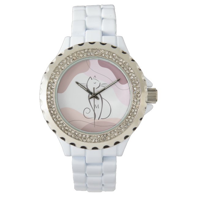 Minimalist Black Cat Organic Boho Shapes Monogram  Watch (Front)