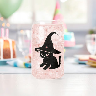 Minimalist Black Cat with Witch Hat Design on Can Glass