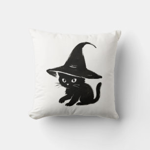 Minimalist Black Cat with Witch Hat Design on  Cushion