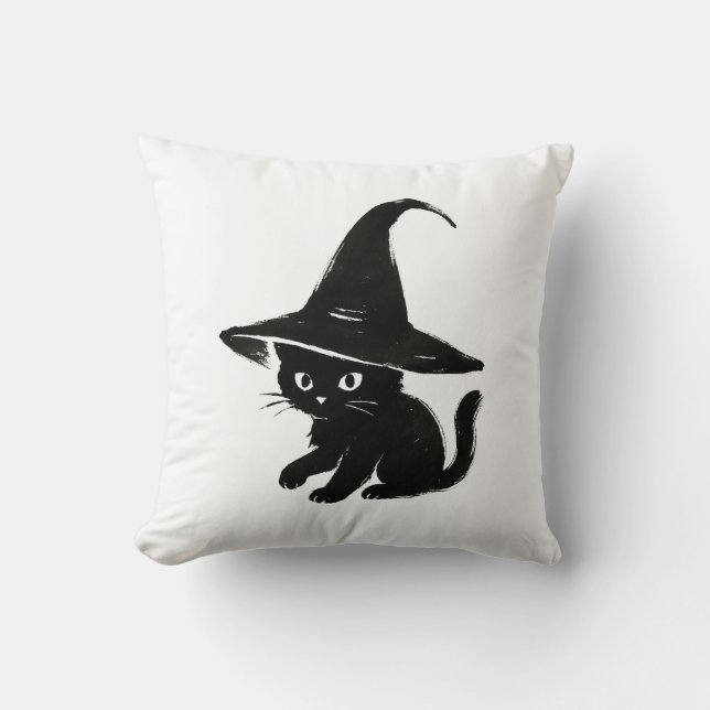 Minimalist Black Cat with Witch Hat Design on  Cushion (Front)