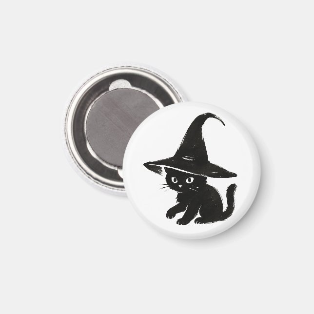 Minimalist Black Cat with Witch Hat Design on  Magnet (Front/Back)