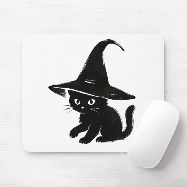 Minimalist Black Cat with Witch Hat Design on  Mouse Mat (With Mouse)