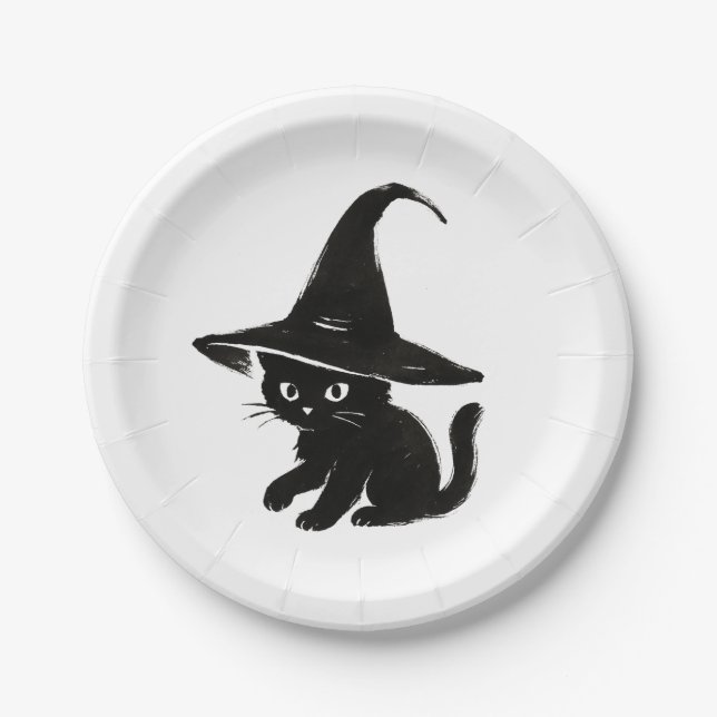 Minimalist Black Cat with Witch Hat Design on  Paper Plate (Front)