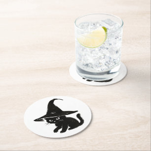 Minimalist Black Cat with Witch Hat Design on Round Paper Coaster