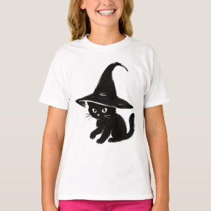 Minimalist Black Cat with Witch Hat Design on T-Shirt