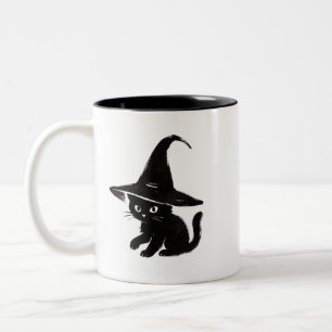 Minimalist Black Cat with Witch Hat Design on Two-Tone Coffee Mug