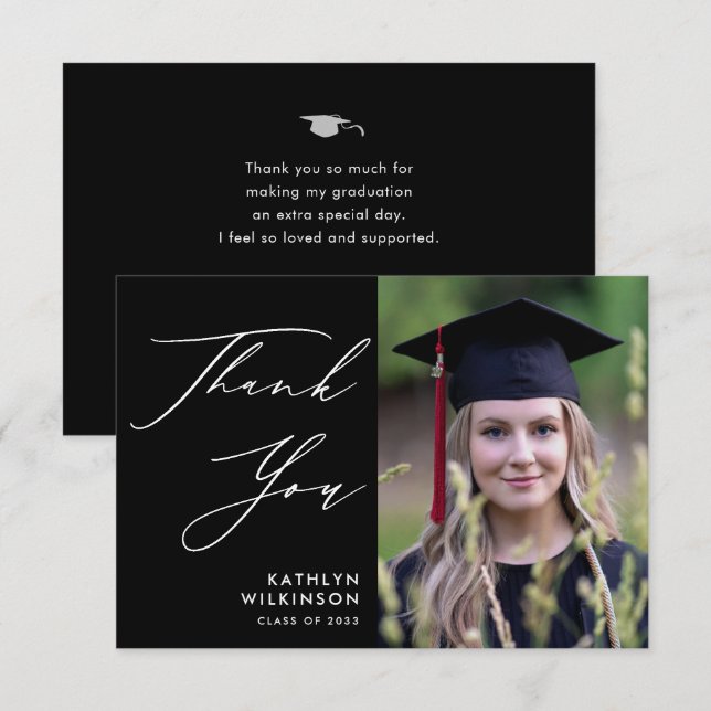 Minimalist Black Elegant Calligraphy Graduation Thank You Card (Front/Back)