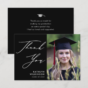 Minimalist Black Elegant Calligraphy Graduation Thank You Card