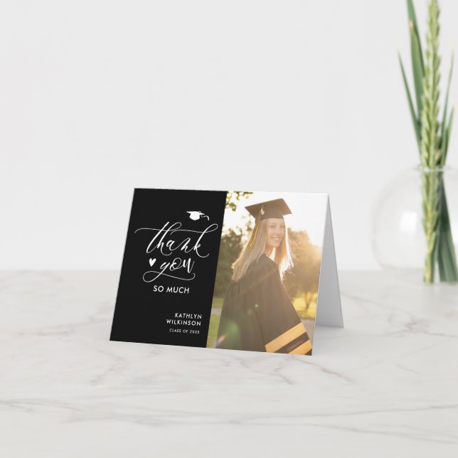 Minimalist Black Elegant Script Photo Graduation Thank You Card (Front)
