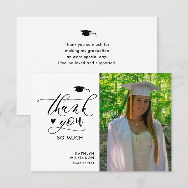 Minimalist Black Elegant Script Photo Graduation Thank You Card (Front/Back)