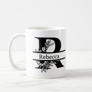 Minimalist Black Floral Initial Letter R Monogram Coffee Mug