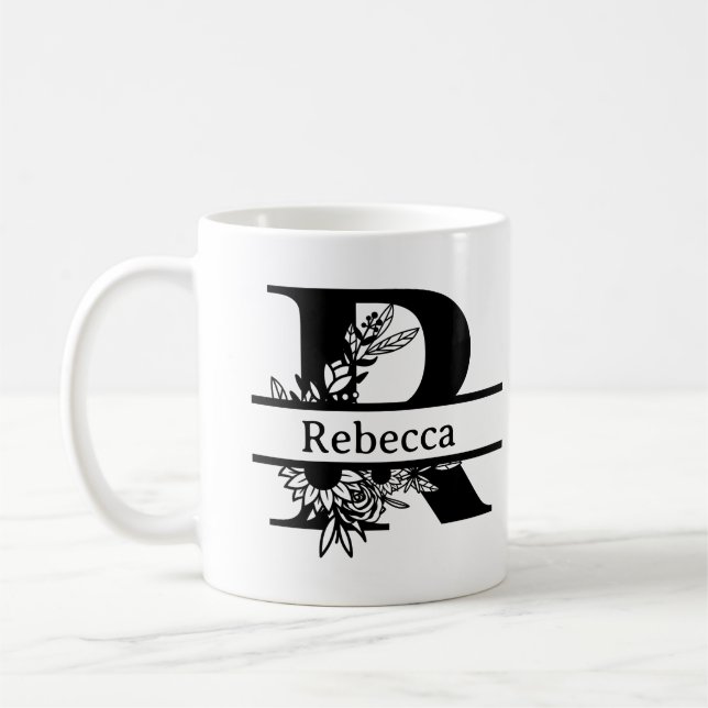 Minimalist Black Floral Initial Letter R Monogram  Coffee Mug (Left)