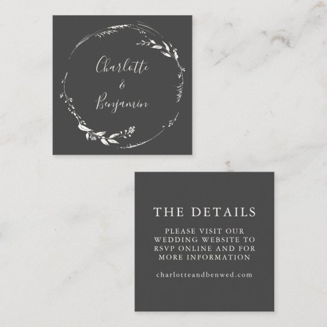 Minimalist Black Floral Wreath Wedding Website Enclosure Card (Front/Back)