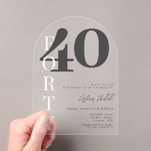 Minimalist Black FORTY 40th Birthday Party Acrylic Invitations