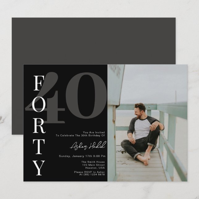 Minimalist Black FORTY 40th Birthday Party Invitation (Front/Back)