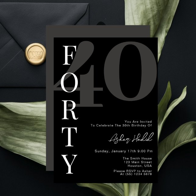 Minimalist Black FORTY 40th Birthday Party Invitation (Creator Uploaded)