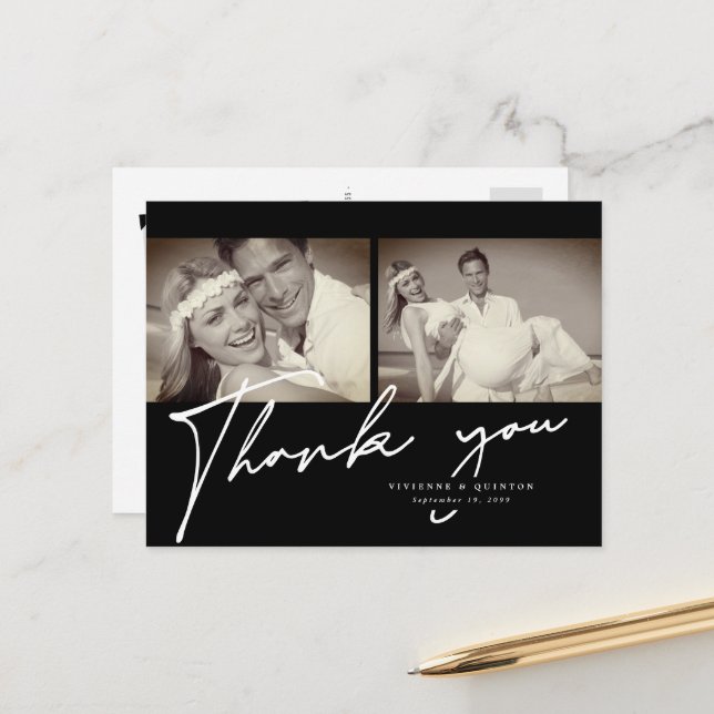 Minimalist Black Frame 2 Photo Wedding Thank You Postcard (Front/Back In Situ)