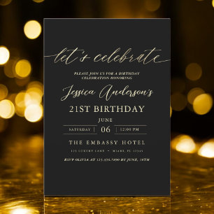 Minimalist Black Gold 21st Birthday Invitation