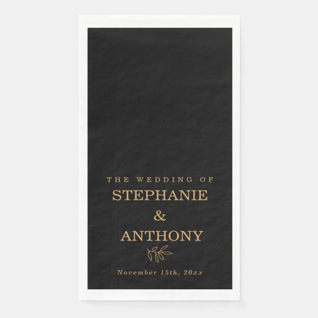 Minimalist Black Gold Botanical Branch Wedding Napkin (Front)