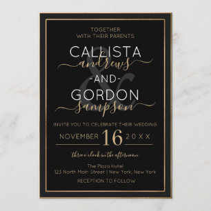Minimalist Black Gold Double Border Wedding Invitation
