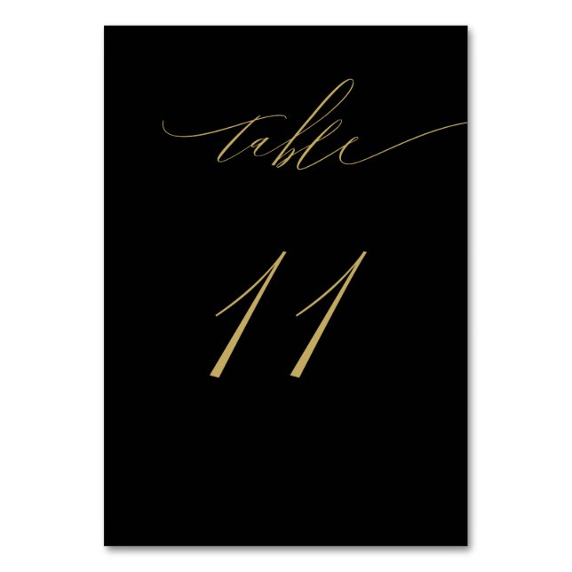 Minimalist Black Gold Elegant Script 11 Wedding Table Number (Front)