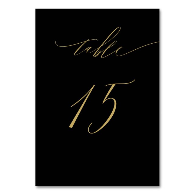 Minimalist Black Gold Elegant Script 15 Wedding Table Number (Front)