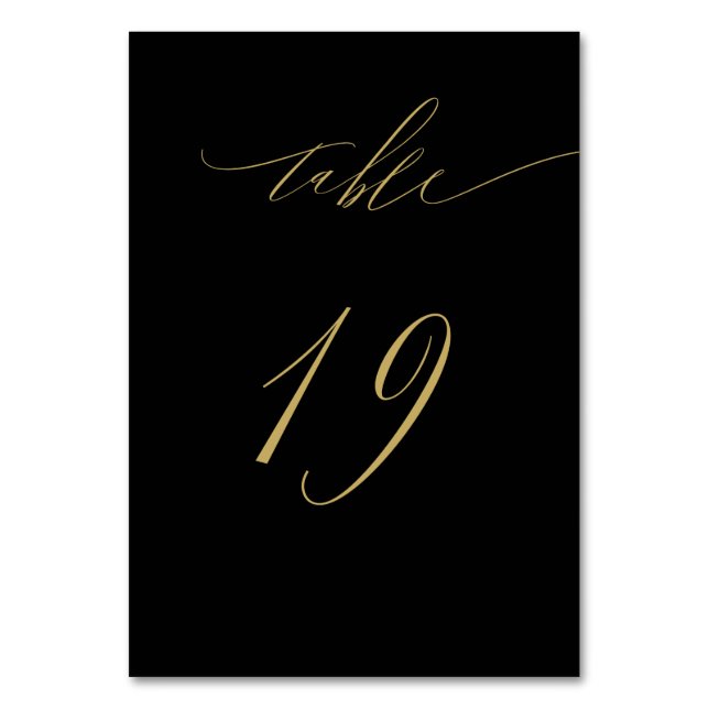 Minimalist Black Gold Elegant Script 19 Wedding Table Number (Front)