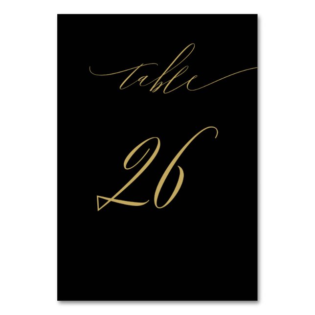 Minimalist Black Gold Elegant Script 26 Wedding Table Number (Front)