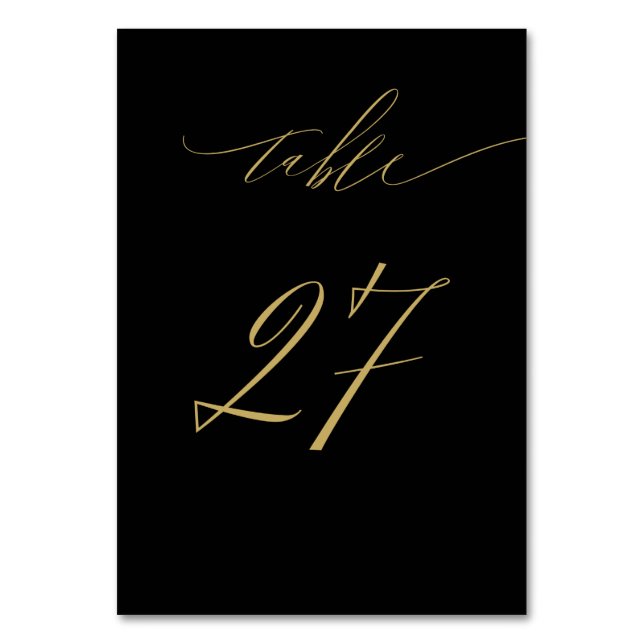 Minimalist Black Gold Elegant Script 27 Wedding Table Number (Front)